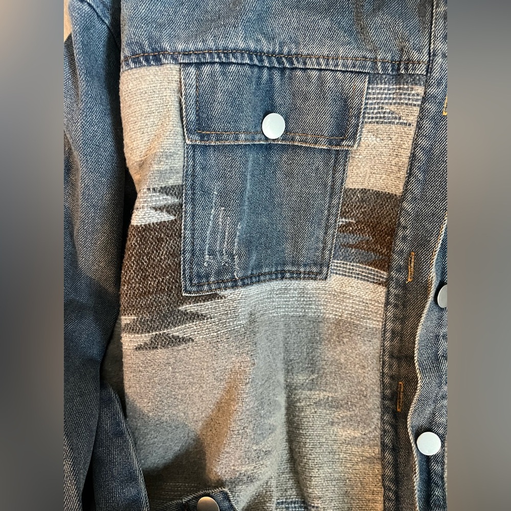 Denim Button-Up Jacket with Patterned Design - Picture 2 of 2